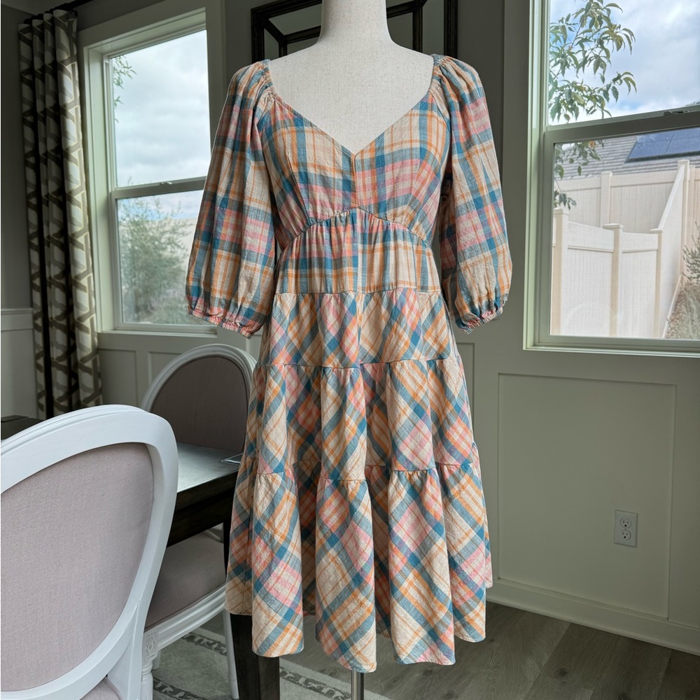 Drew Puff Sleeve Cottage Tiered Midi Dress Plaid Tan Pink Blue Multi Sz S - Picture 11 of 11